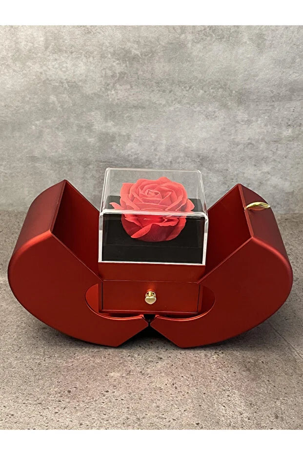 Hediyelik Takı Kutusu Açılır Kalp ve Kurutulmuş Gül