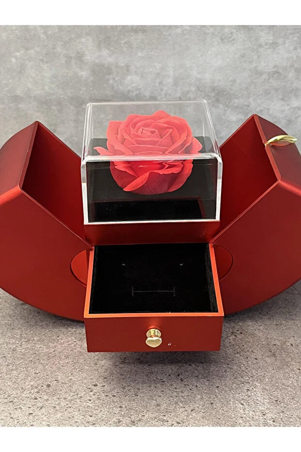 Hediyelik Takı Kutusu Açılır Kalp ve Kurutulmuş Gül