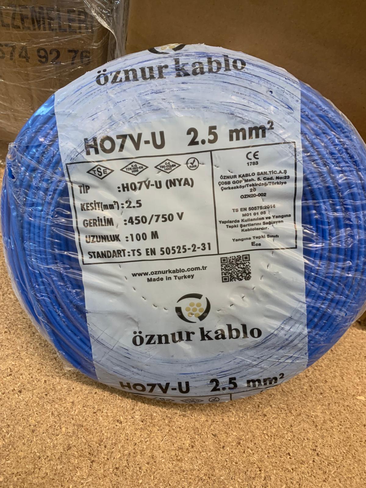 Öznur Kablo HO7V-U 2,5mm Mavi 100mt Kırmızı 100mt Sarı-yeşil 100mt